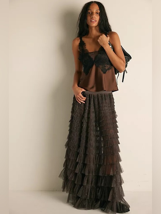Free People Dresses & Skirts - Free People Return of the Ruffle Brown Layered Maxi Tulle Slip Skirt